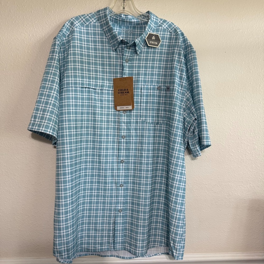 Field & Stream Deep‎ Runner Stretch Short Sleeve Shirt Men's 2XL Plaid Blue NWT
